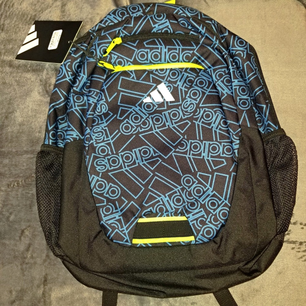 Adidas Backpack Black Blue Geometric Logo Polyester Bottle Pocket Zip Neon NWT
